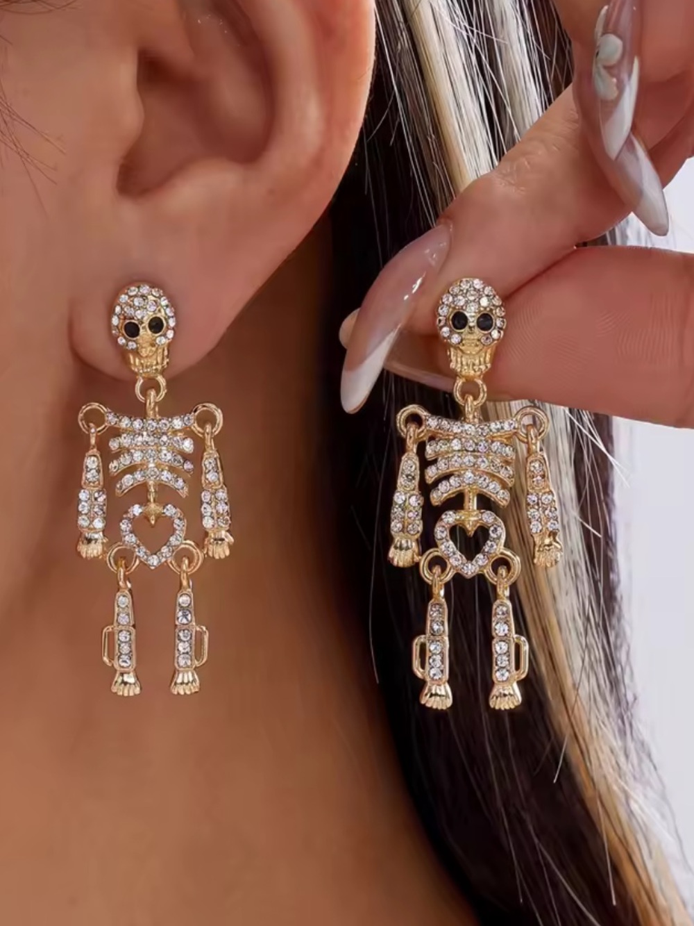 Gold Crystal Heart Skeleton Drop Earrings - Women Jewelry